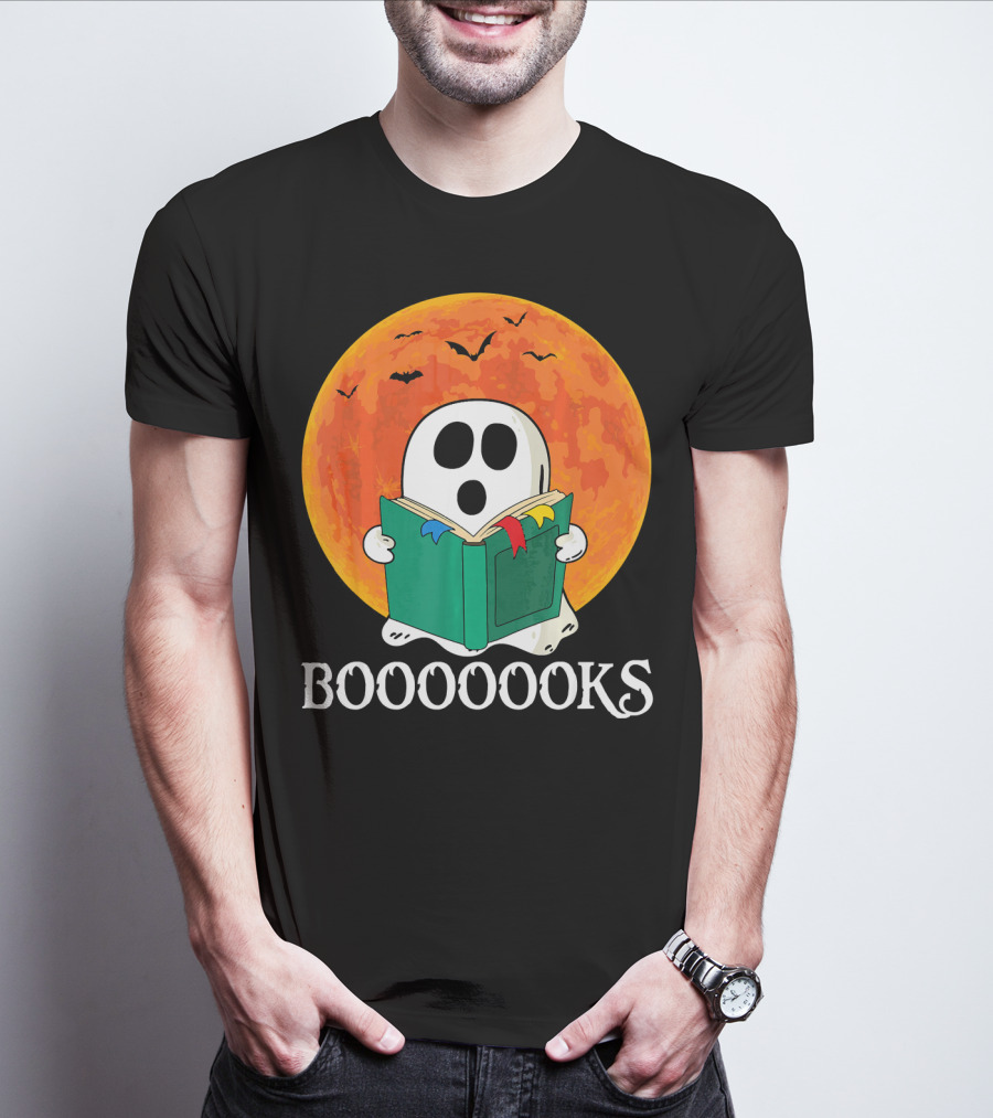 Funny Halloween Booooks Cute Ghost Reading With Full Moon And Bats T-Shirt