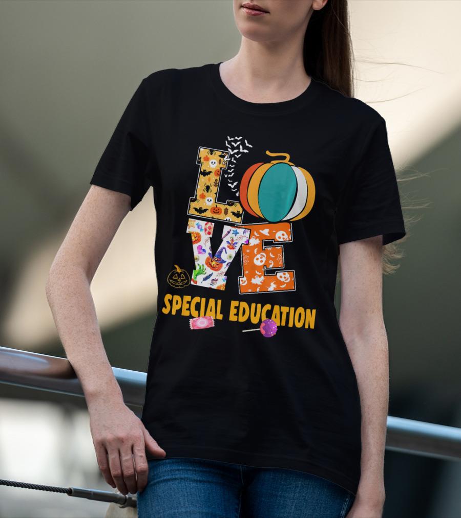 Special Education Love Halloween Pumpkin Candy Teacher T-Shirt