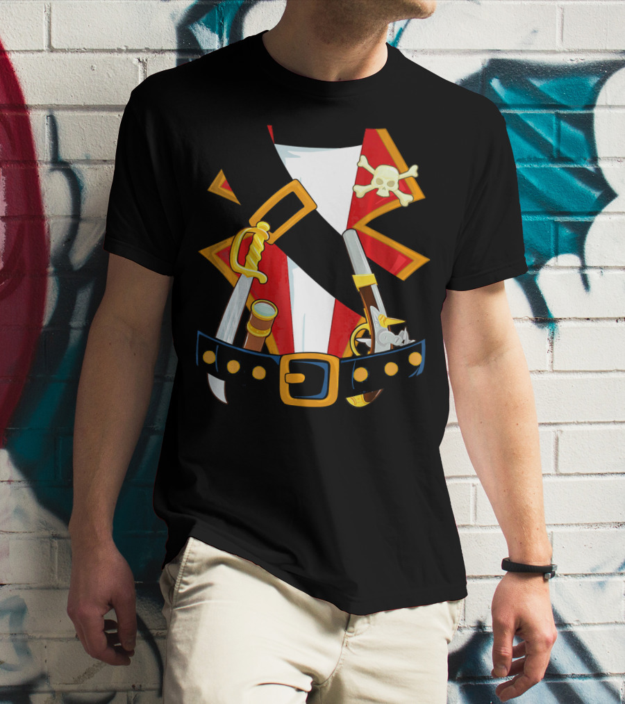 Pirate Costume Skull Crossbones Sword Pistol Belt T-Shirt
