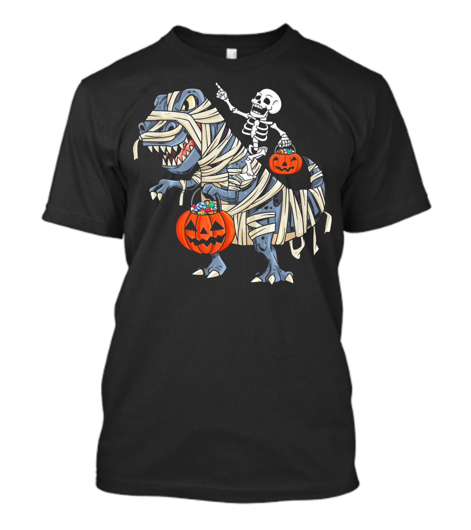 Skeleton Riding Mummy T-Rex With Pumpkin Candy Buckets Halloween Bo T-Shirt