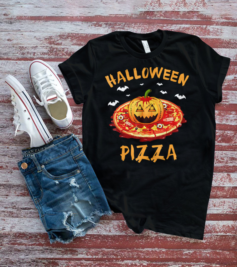 Halloween Pizza Pumpkin With Bats And Spooky Toppings T-Shirt