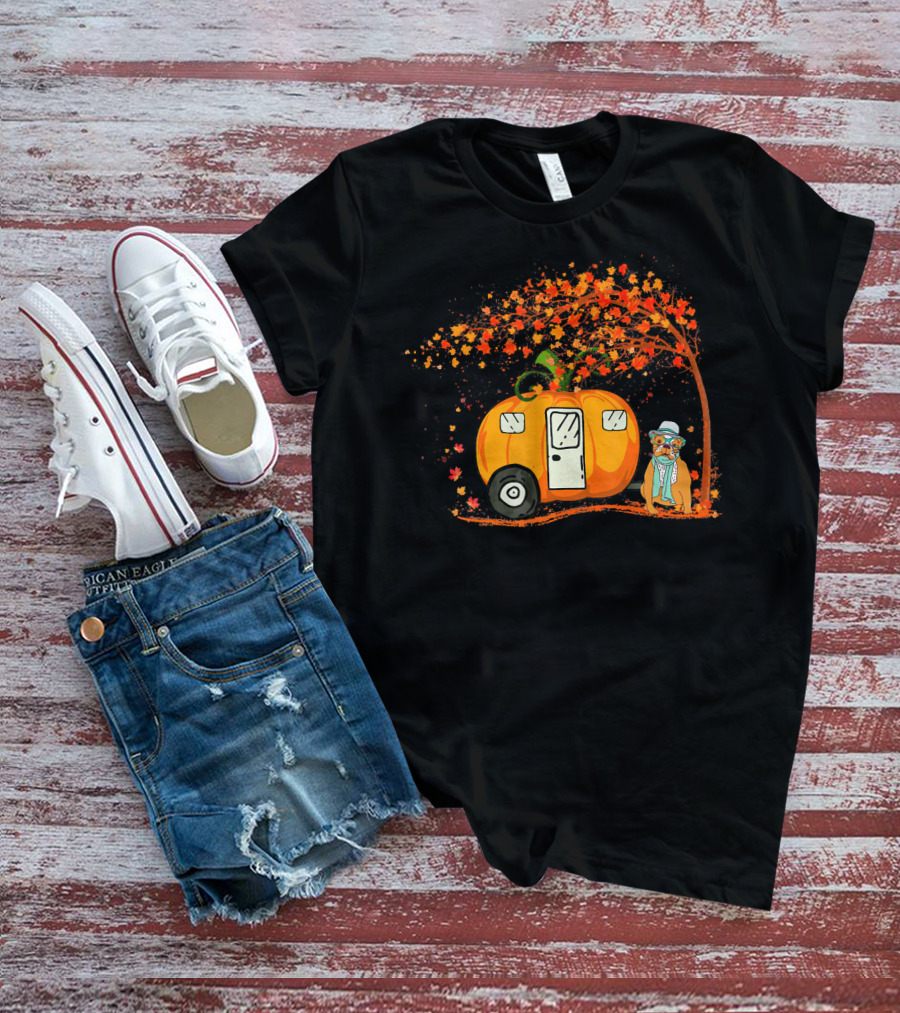 Bulldog With Pumpkin Camping Van Under Autumn Tree T-Shirt
