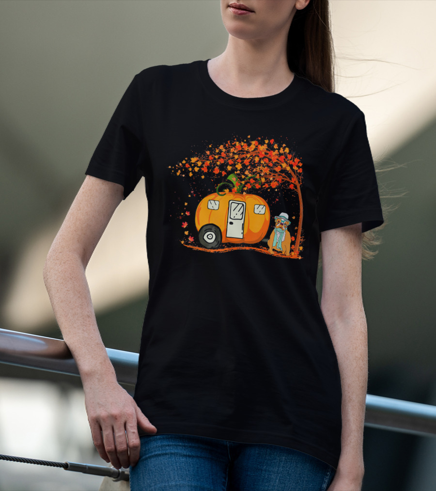 Bulldog With Pumpkin Camping Van Under Autumn Tree T-Shirt