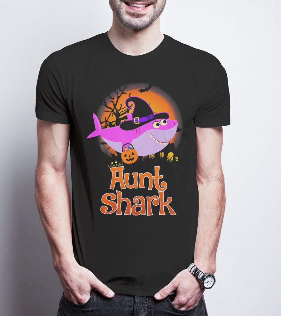 Aunt Shark Halloween Witch With Pumpkin On Orange Full Moon T-Shirt
