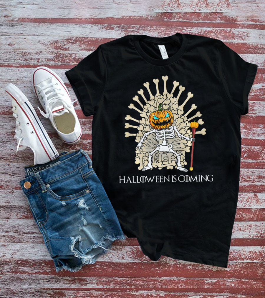 Halloween Is Coming Skeleton Pumpkin Throne T-Shirt
