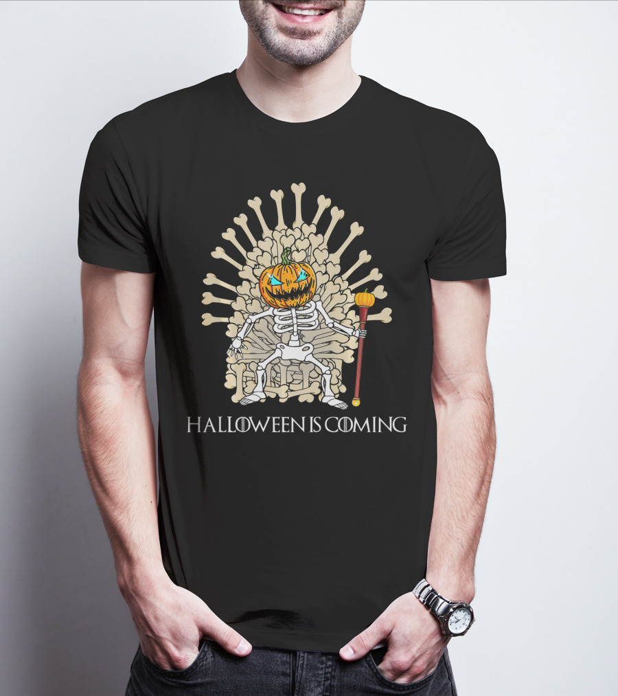 Halloween Is Coming Skeleton Pumpkin Throne T-Shirt