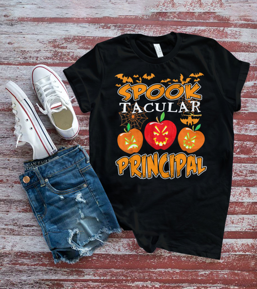 Spooktacular Principal Halloween Pumpkins And Bats T-Shirt
