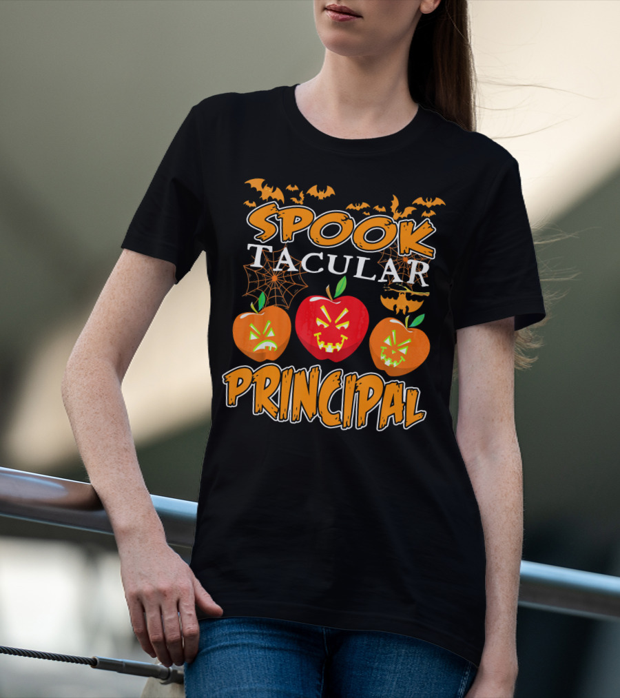 Spooktacular Principal Halloween Pumpkins And Bats T-Shirt