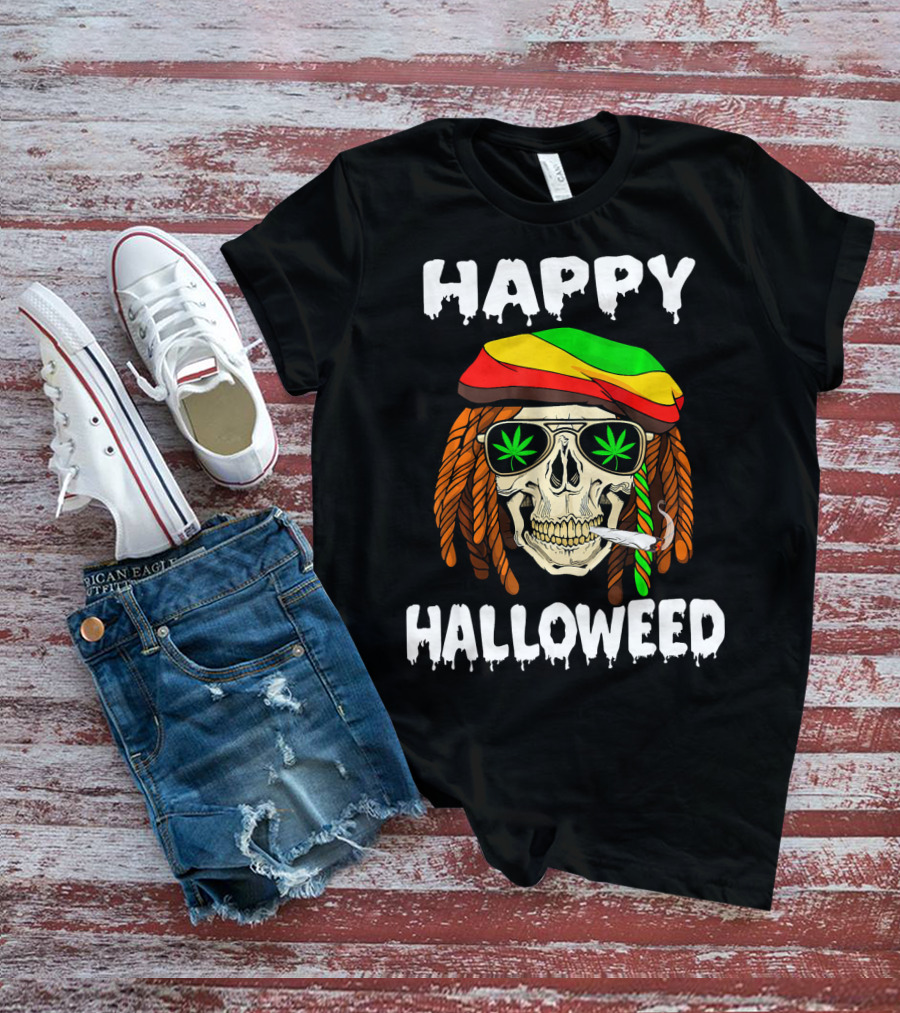 Happy Halloweed Smoking Rasta Skull With Cannabis Sunglasses T-Shirt