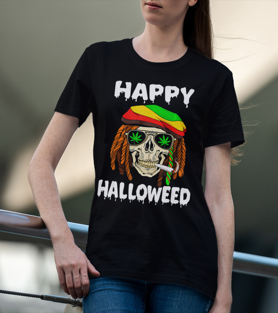 Happy Halloweed Smoking Rasta Skull With Cannabis Sunglasses T-Shirt