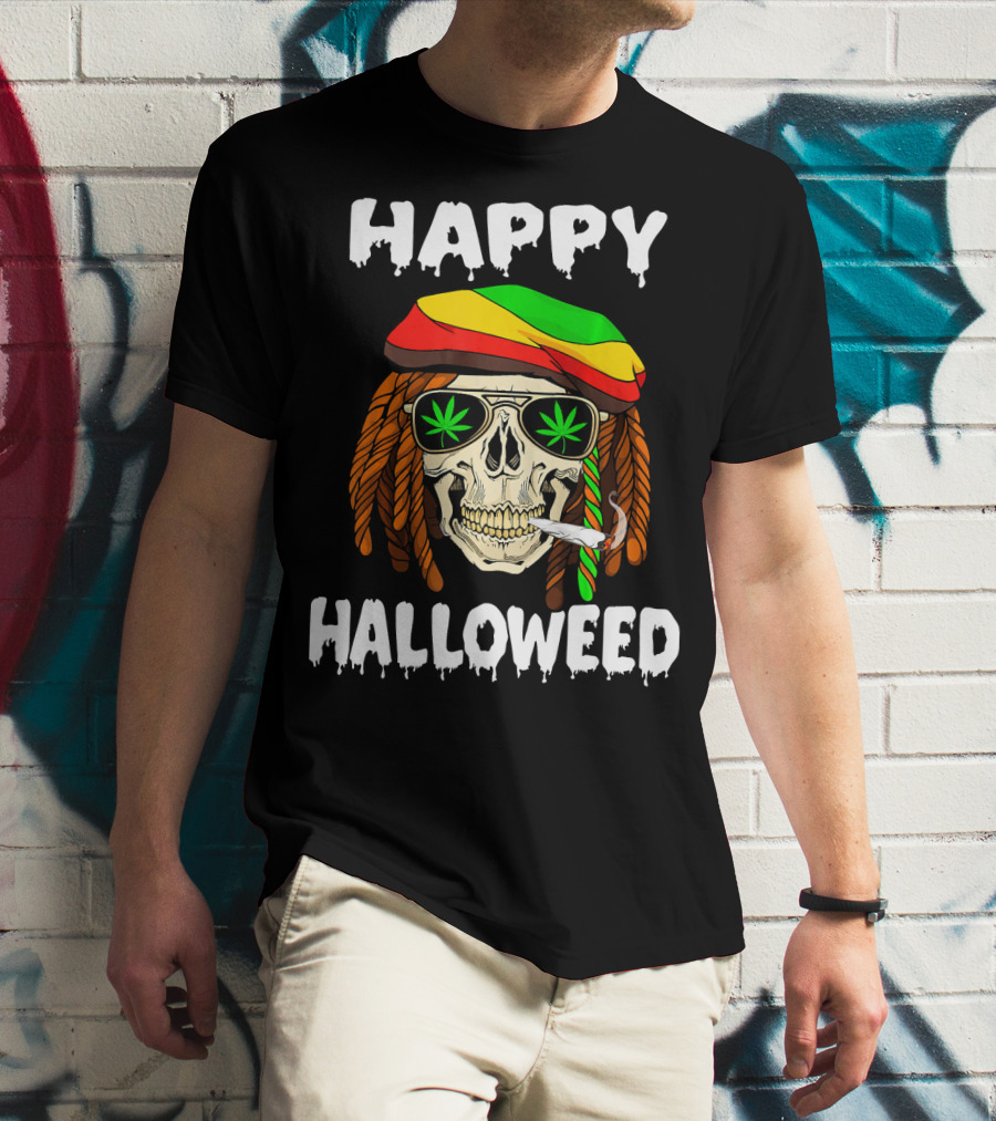 Happy Halloweed Smoking Rasta Skull With Cannabis Sunglasses T-Shirt