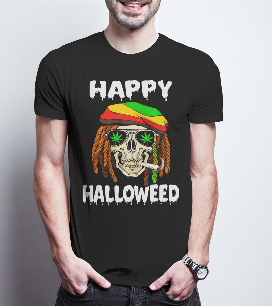 Happy Halloweed Smoking Rasta Skull With Cannabis Sunglasses T-Shirt