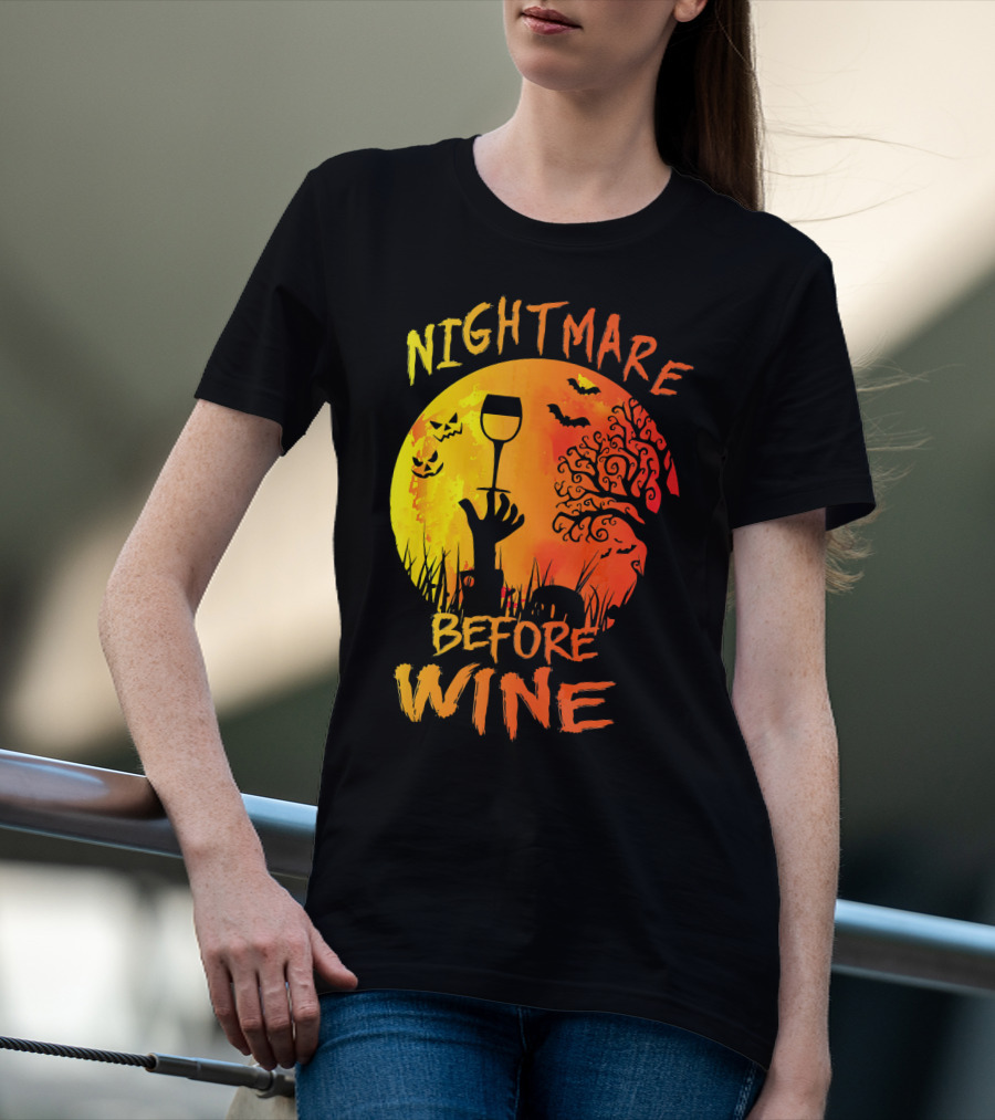 Nightmare Before Wine Halloween Scary Moon Scene T-Shirt