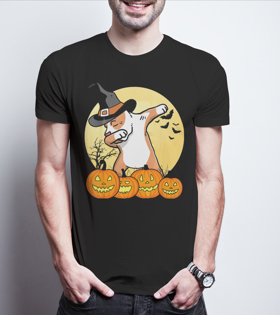 Dabbing Pit Bull Halloween Witch Hat Pumpkins Bats Dance Funny Dog T-Shirt