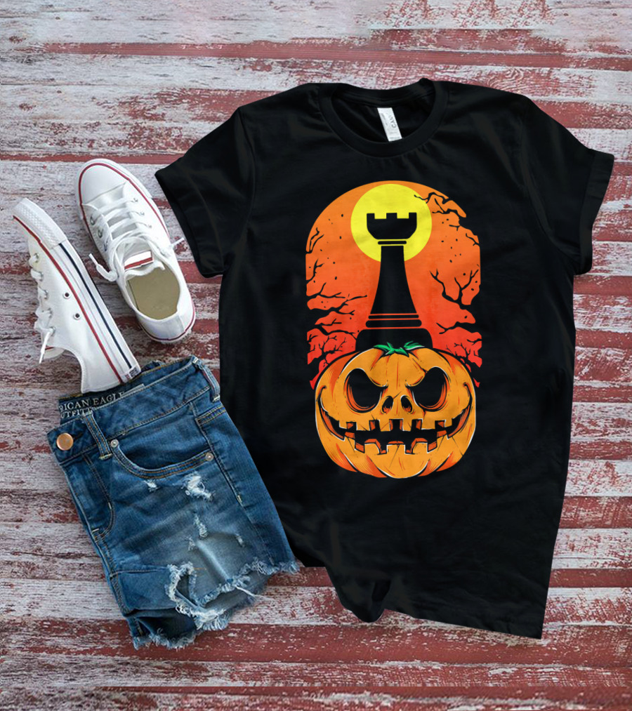 Spooky Rook Pumpkin Halloween Chess Tower Moon T-Shirt