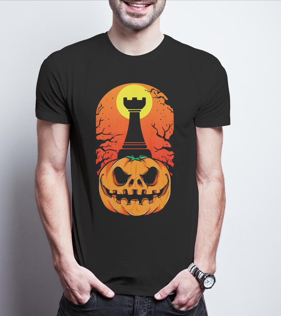 Spooky Rook Pumpkin Halloween Chess Tower Moon T-Shirt
