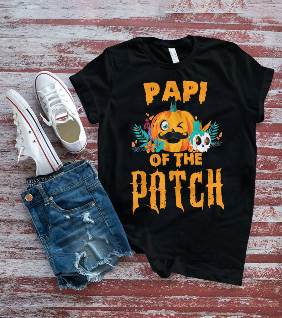 Papi Of The Patch Pumpkin Winking Mustache Skull Flowers T-Shirt