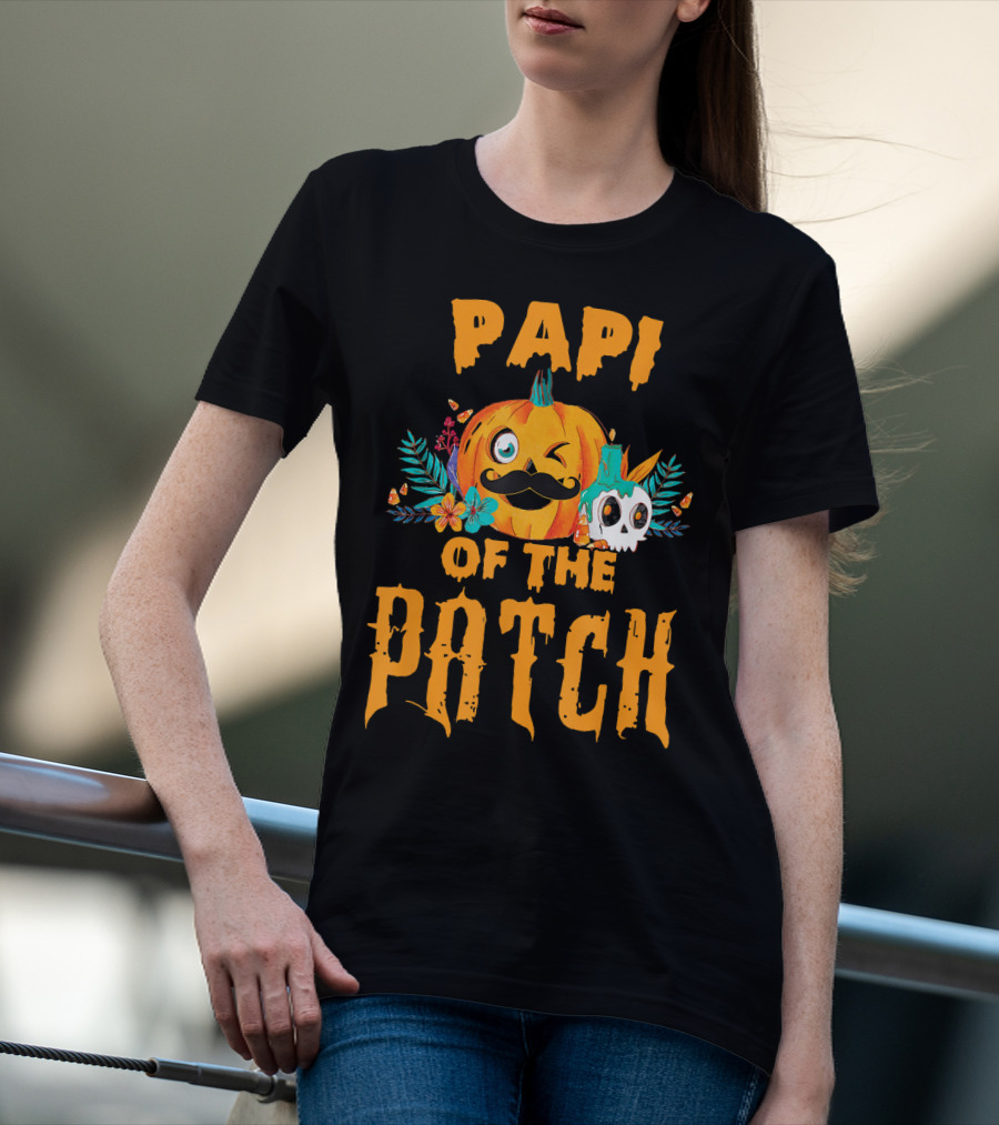 Papi Of The Patch Pumpkin Winking Mustache Skull Flowers T-Shirt