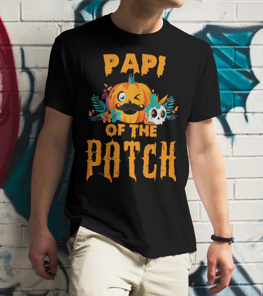 Papi Of The Patch Pumpkin Winking Mustache Skull Flowers T-Shirt