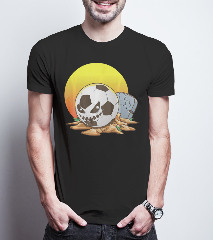Soccer Halloween Goal With Spooky Jack-O'-Lantern Face And Graveyard Scene T-Shirt