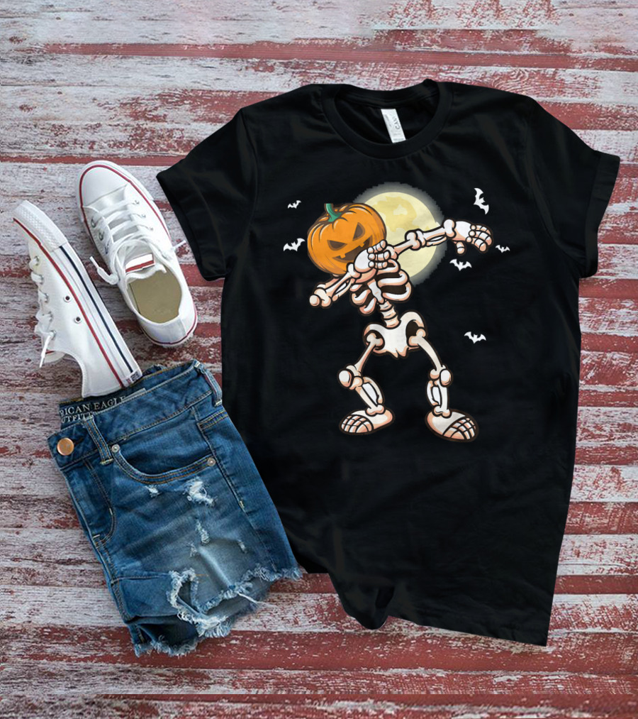 Skeleton Dabbing With Pumpkin Head And Bats T-Shirt