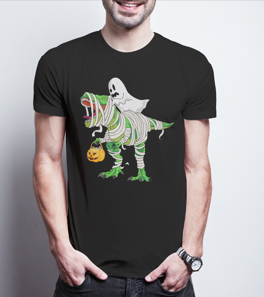 Ghost Mummy Riding T-Rex Trick Or Treat T-Shirt