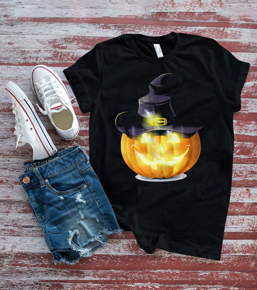 Halloween Horror Pumpkin Witch Hat Glowing Face T-Shirt