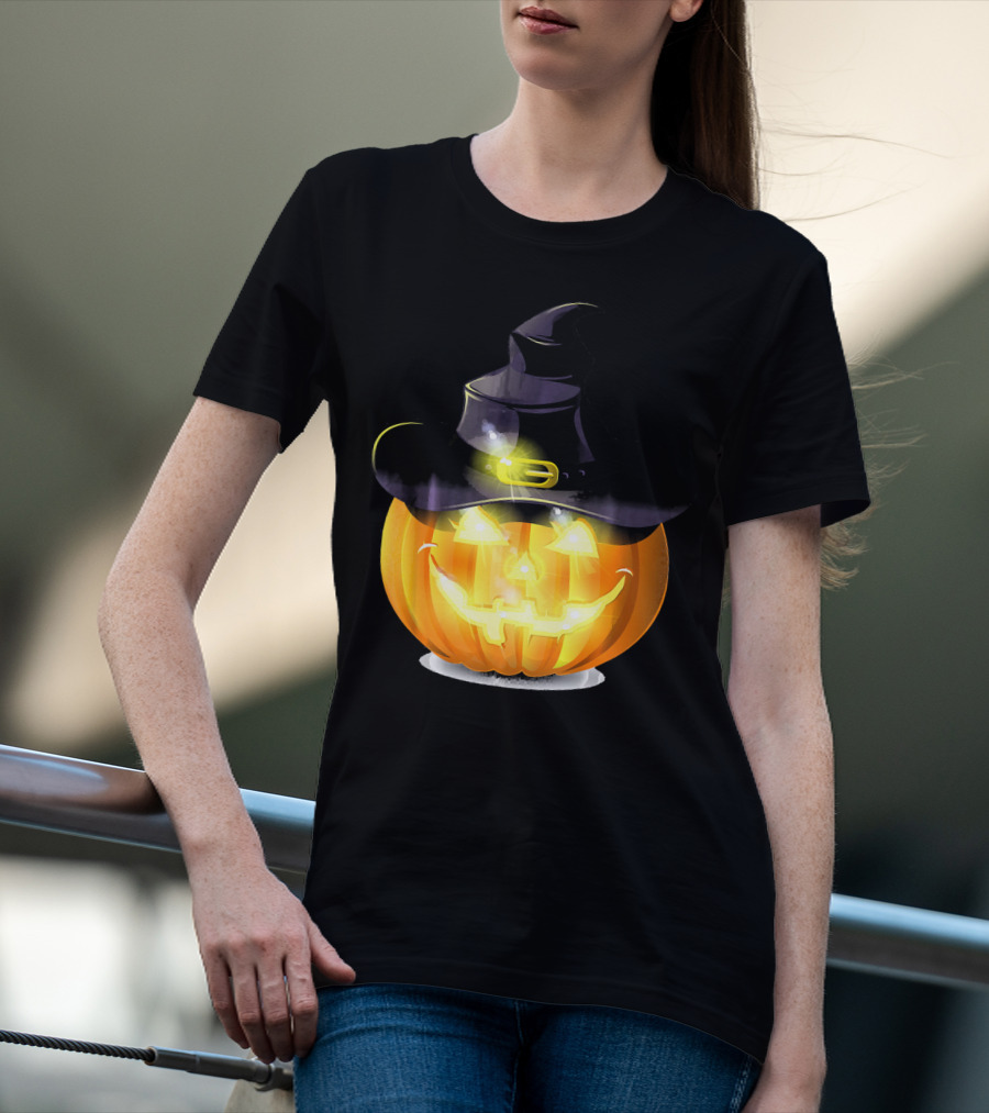 Halloween Horror Pumpkin Witch Hat Glowing Face T-Shirt