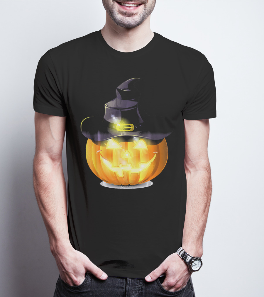Halloween Horror Pumpkin Witch Hat Glowing Face T-Shirt