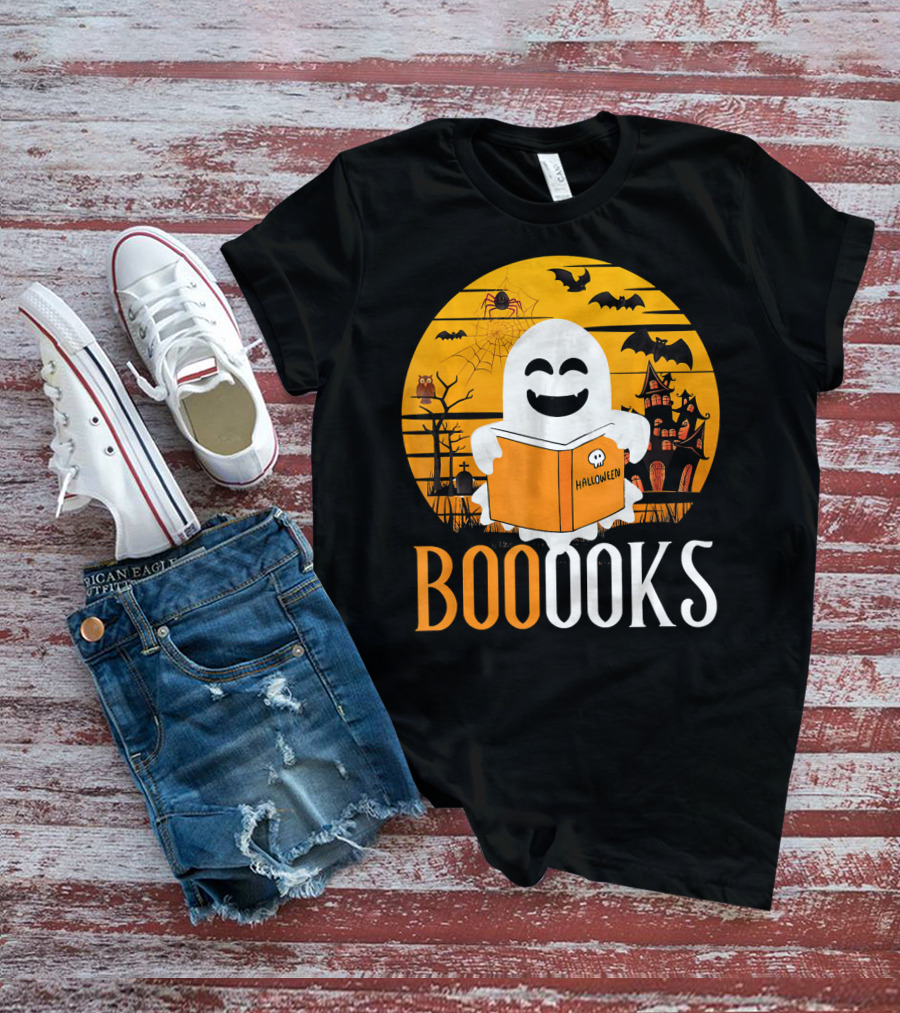 Halloween Ghost Reading Booooks In Spooky Setting With Funny Teacher T-Shirt