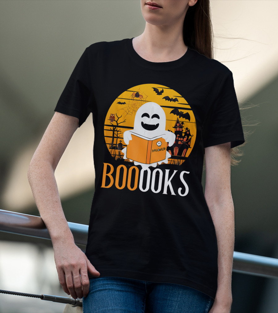 Halloween Ghost Reading Booooks In Spooky Setting With Funny Teacher T-Shirt