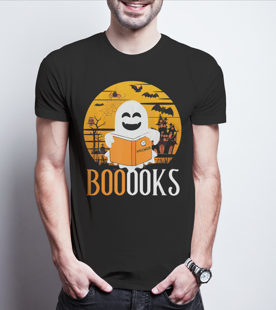 Halloween Ghost Reading Booooks In Spooky Setting With Funny Teacher T-Shirt