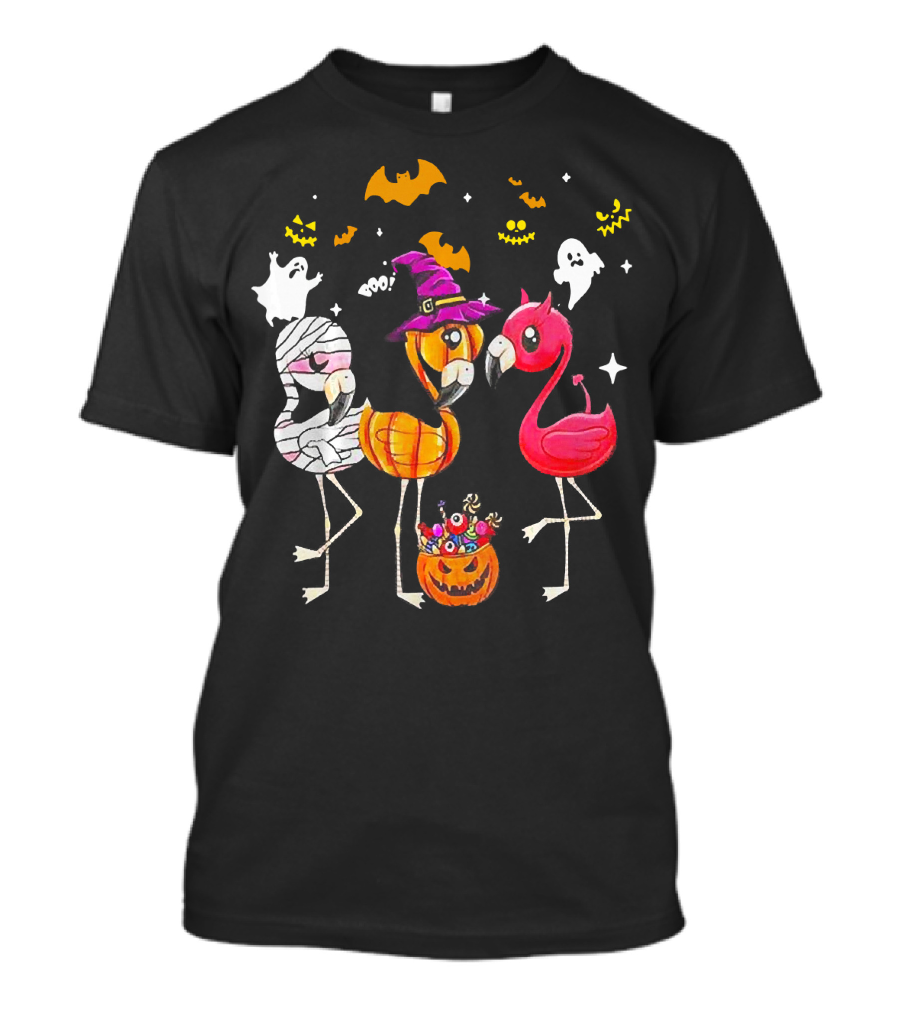 Flamingo Halloween Candy Witch Ghost Bats Pumpkin T-Shirt