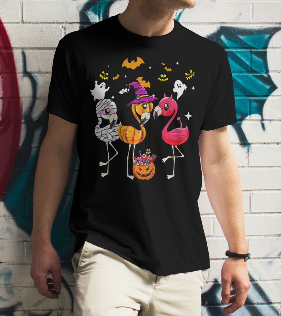 Flamingo Halloween Candy Witch Ghost Bats Pumpkin T-Shirt