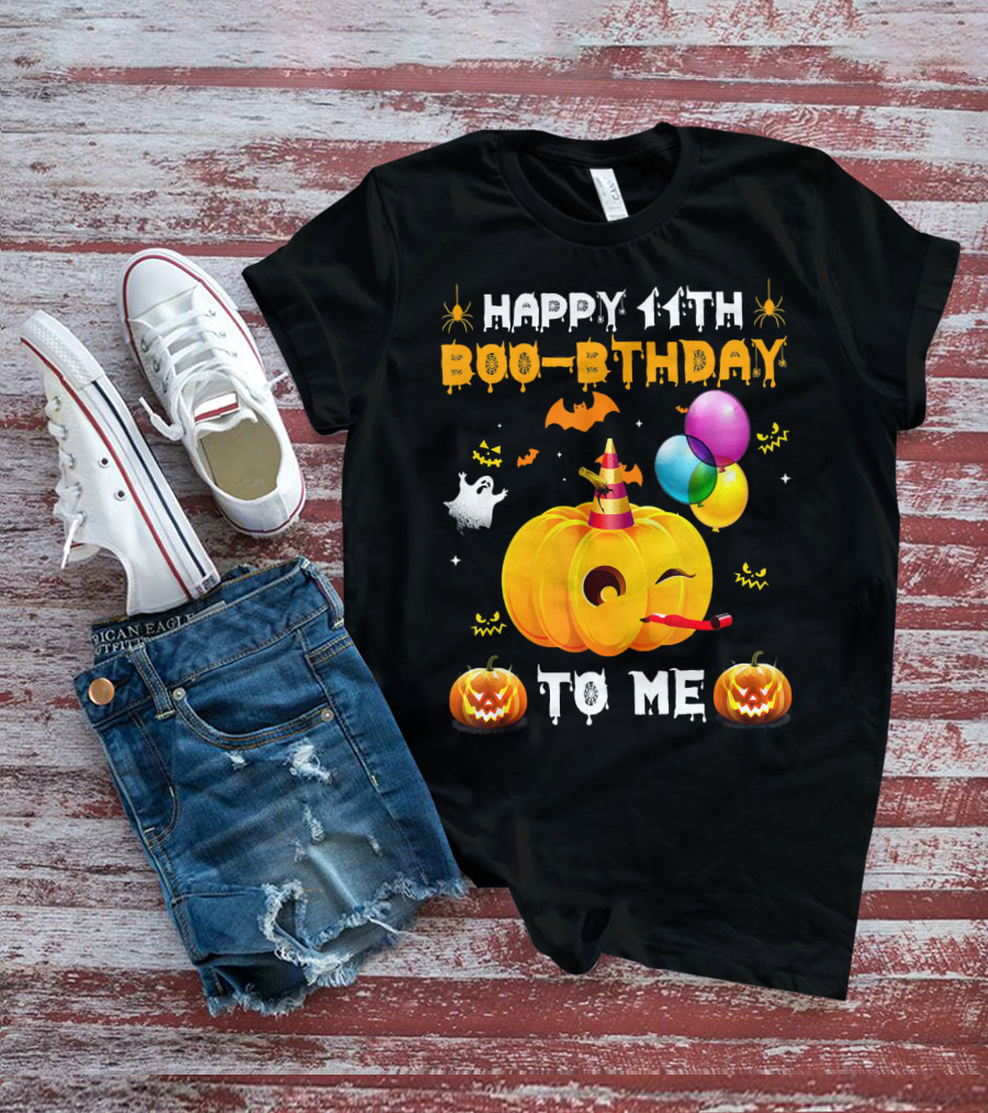 Happy 11th Boo-Pthday To Me Halloween Pumpkin And Balloons T-Shirt
