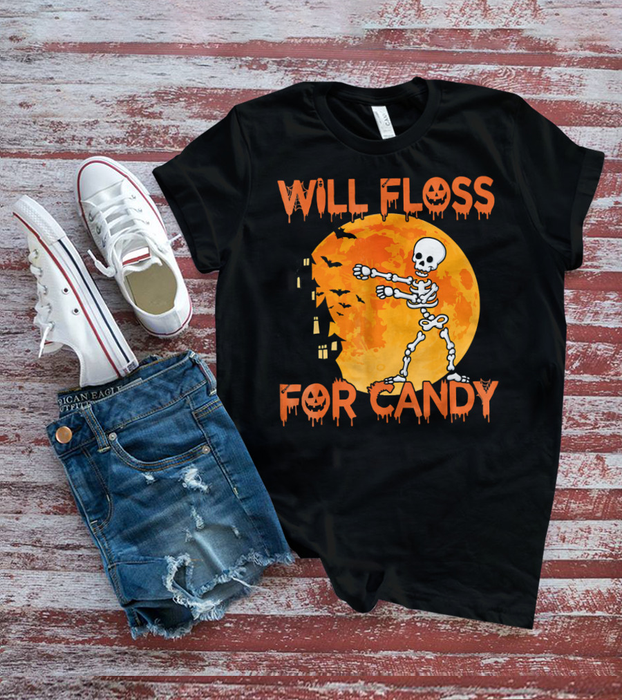 Will Floss For Candy Dancing Skeleton Halloween Moon Bats T-Shirt