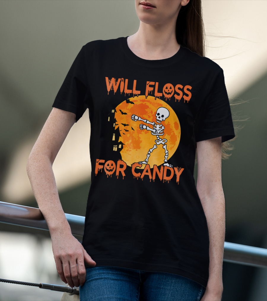 Will Floss For Candy Dancing Skeleton Halloween Moon Bats T-Shirt