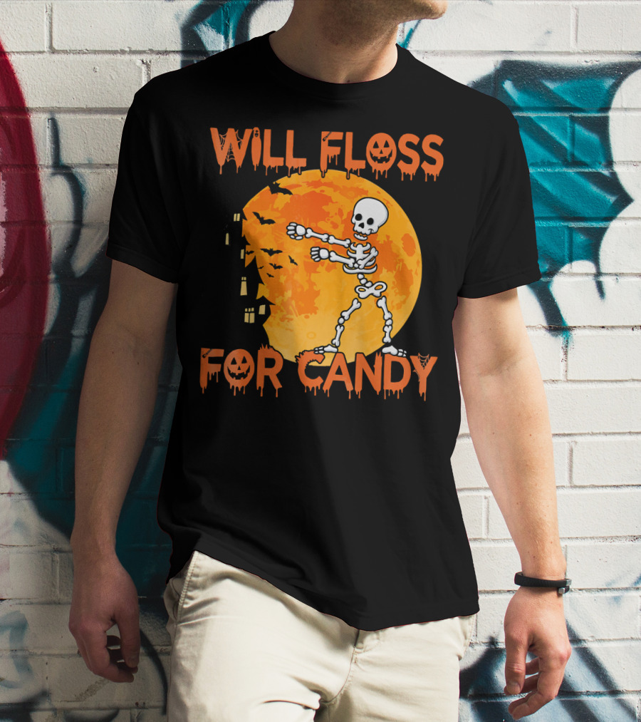 Will Floss For Candy Dancing Skeleton Halloween Moon Bats T-Shirt