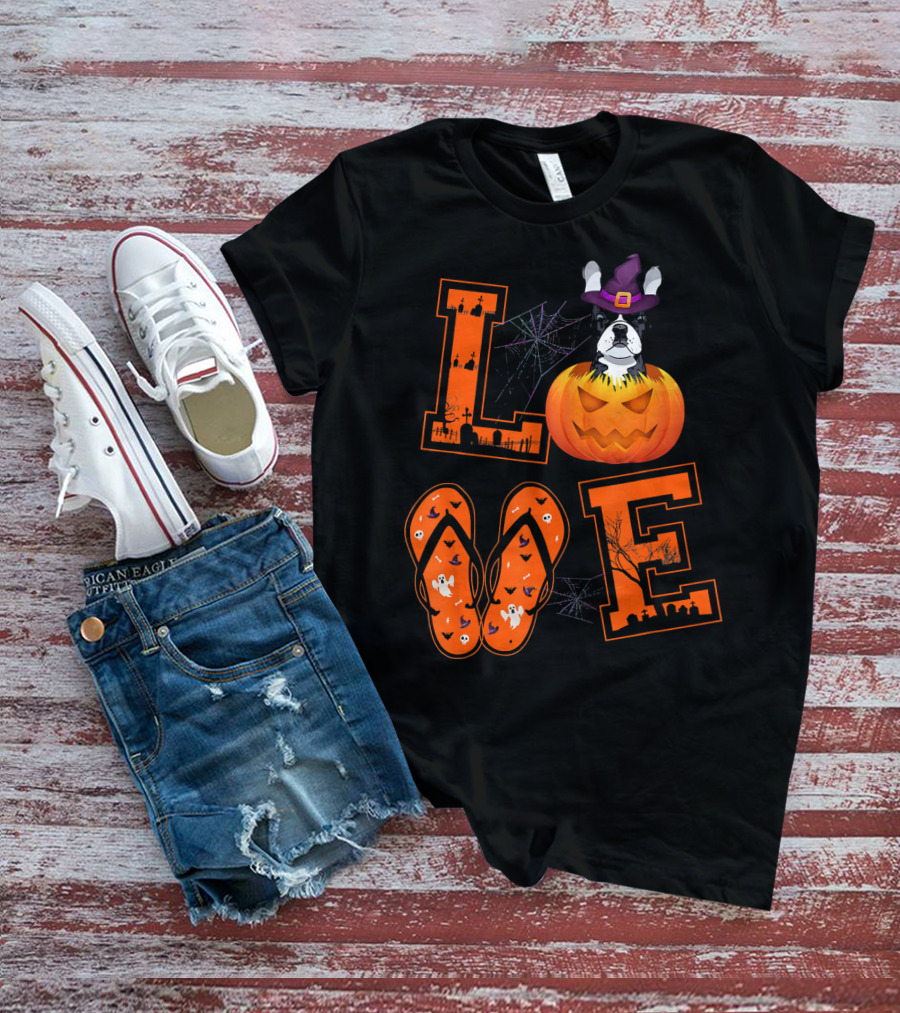 LOVE French Bulldog Pumpkin Halloween Ghosts Spider Webs T-Shirt