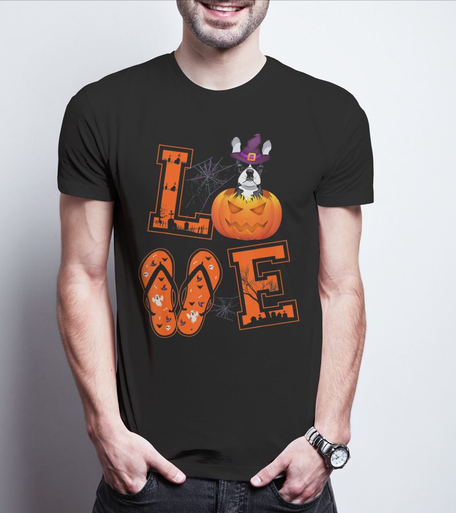 LOVE French Bulldog Pumpkin Halloween Ghosts Spider Webs T-Shirt