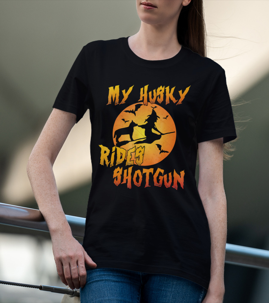 My Husky Rides Shotgun Halloween Witch Moon Bats T-Shirt