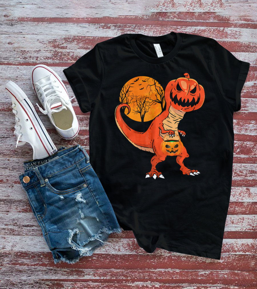 Funny Halloween Dinosaur Pumpkin Head Tree Shadow T-Shirt