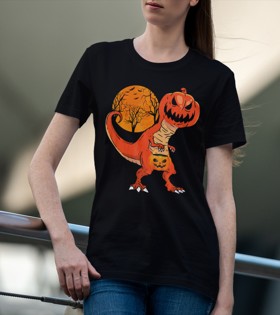 Funny Halloween Dinosaur Pumpkin Head Tree Shadow T-Shirt