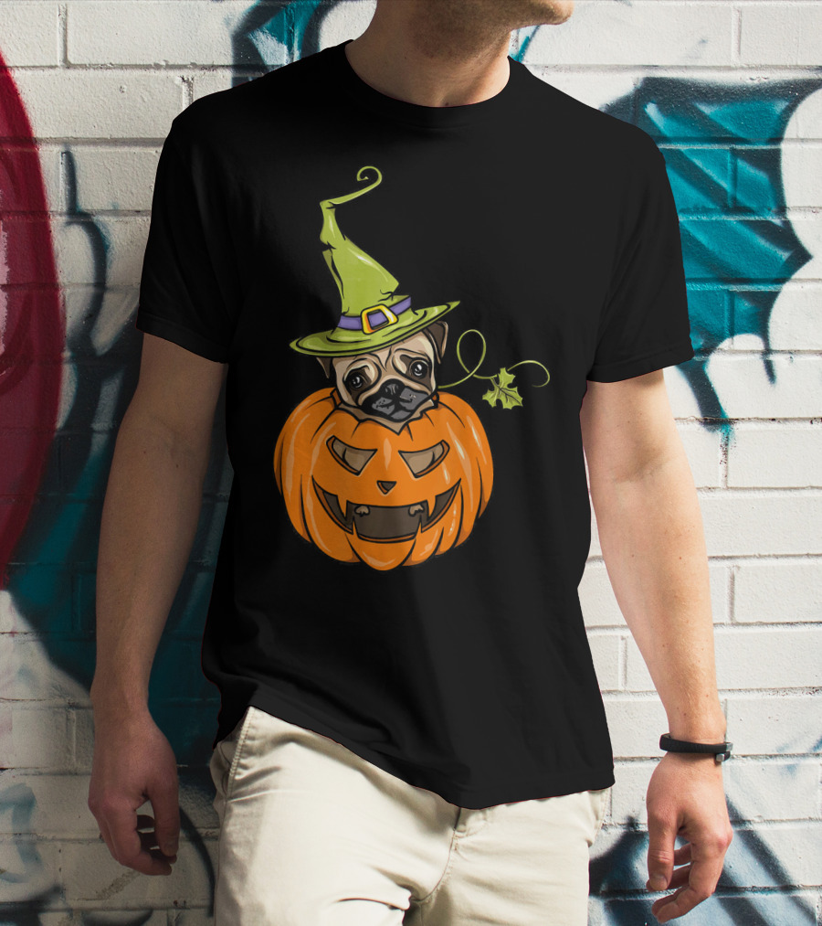 Pumpkin Pug Witch Halloween Costume Women T-Shirt