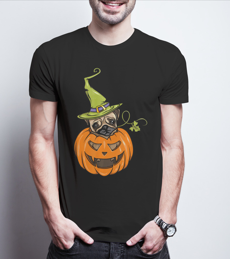 Pumpkin Pug Witch Halloween Costume Women T-Shirt