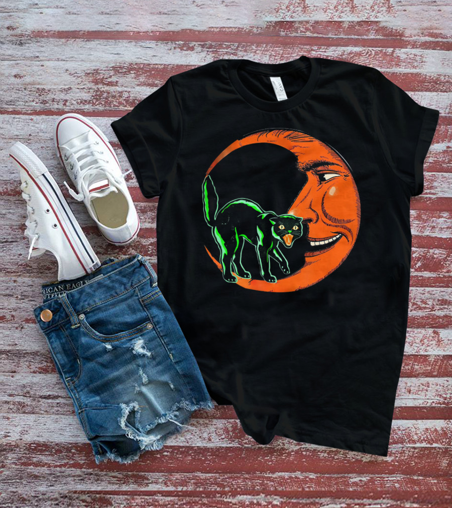 Vintage Halloween Beistle Cat On Crescent Moon T-Shirt