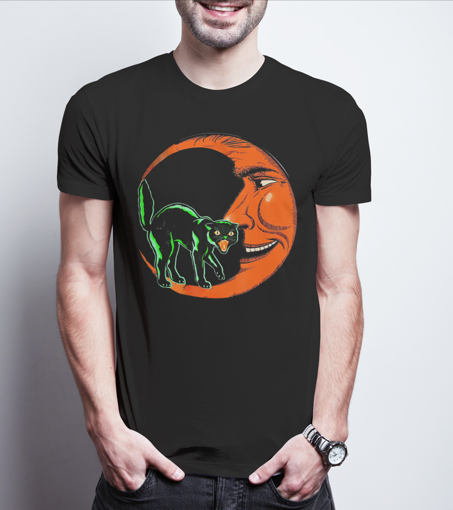 Vintage Halloween Beistle Cat On Crescent Moon T-Shirt