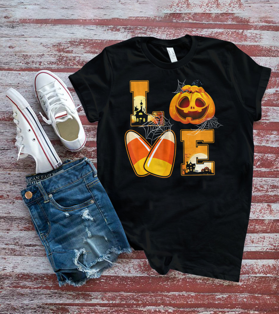 Love Candy Corn Pumpkin Halloween Spiderwebs T-Shirt