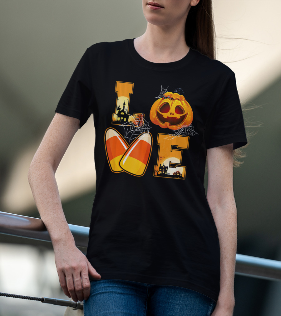 Love Candy Corn Pumpkin Halloween Spiderwebs T-Shirt