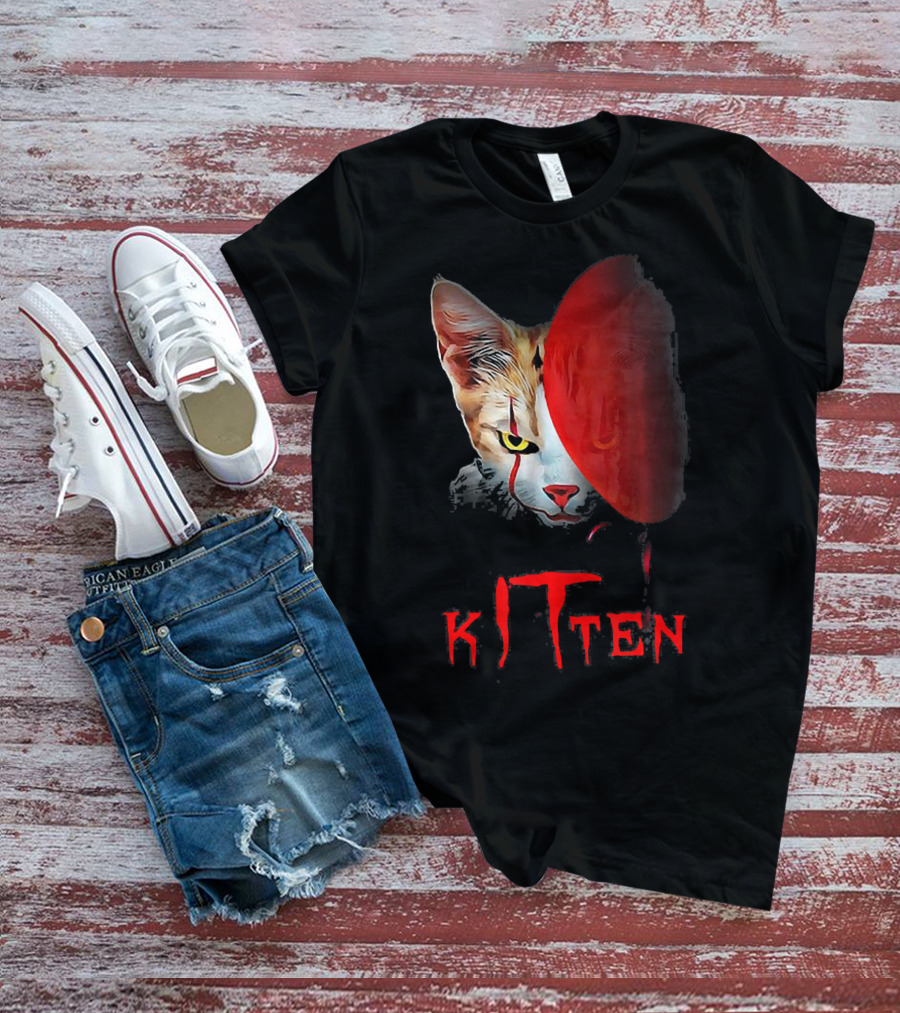 Kitten Cat Halloween Clown Red Balloon Horror T-Shirt